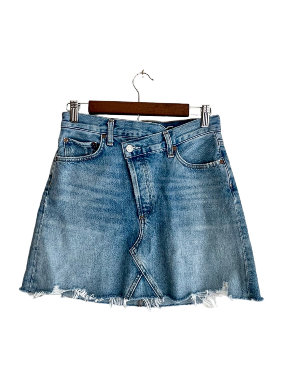 AGOLDE Criss Cross Denim Mini Skirt Womens 25 Blue Asymmetric Raw Hem Distressed